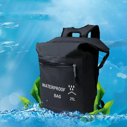 Black 25-litre waterproof backpack for swimming and rafting, showing 500D mesh clips.