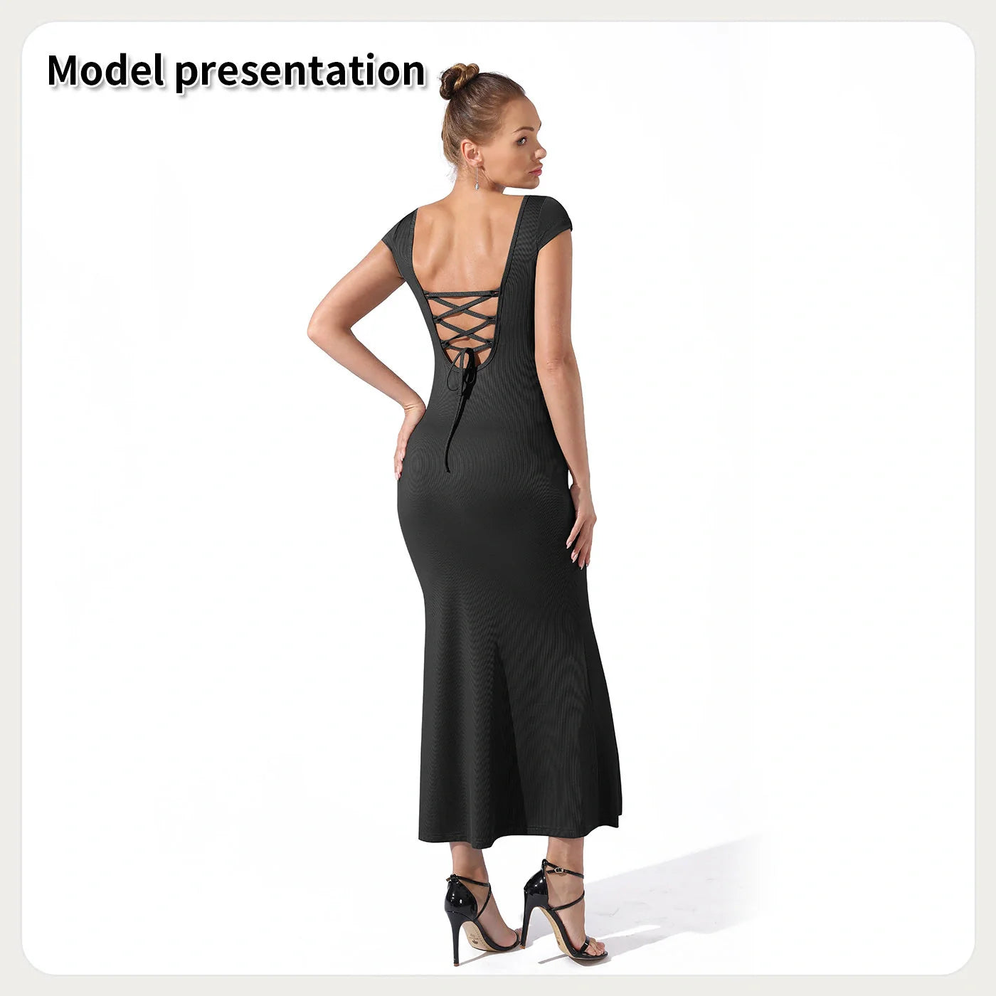 A stylish and versatile black dress with a flattering silhouette, suitable for various occasions.