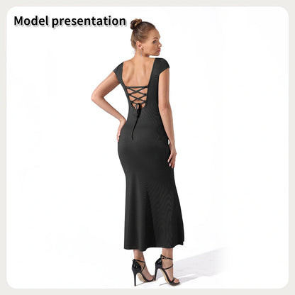 A stylish and versatile black dress with a flattering silhouette, suitable for various occasions.