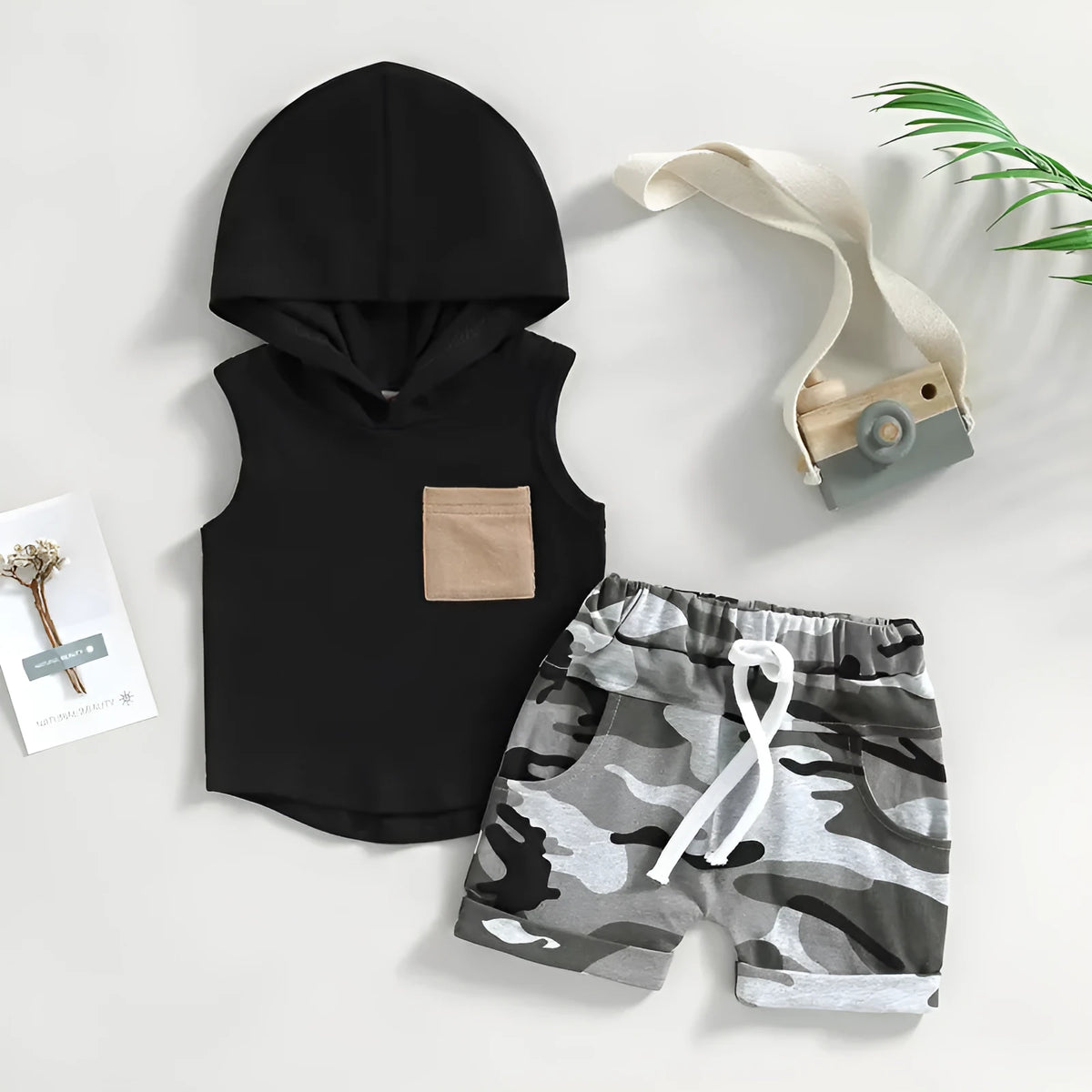 Boys' black hooded vest and shorts set in knitted cotton, sizes 70cm to 110cm, two-piece outfit