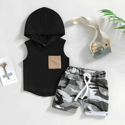 Boys' black hooded vest and shorts set in knitted cotton, sizes 70cm to 110cm, two-piece outfit