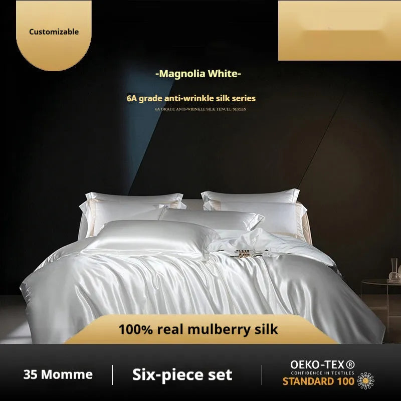 Household Fashion silk four-piece quilt cover set in solid colour showing 100% silk material texture and light luxury design