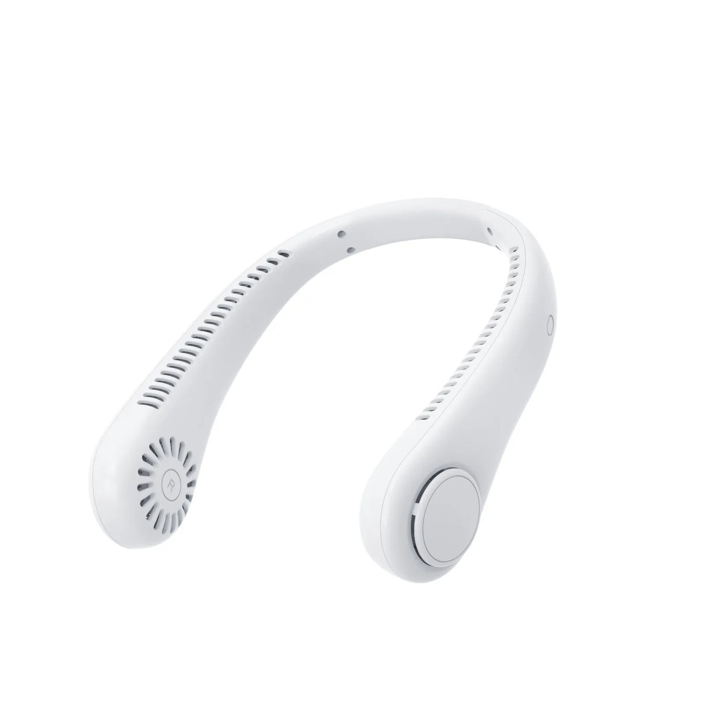 White rechargeable neck fan worn around neck with bladeless design and USB charging