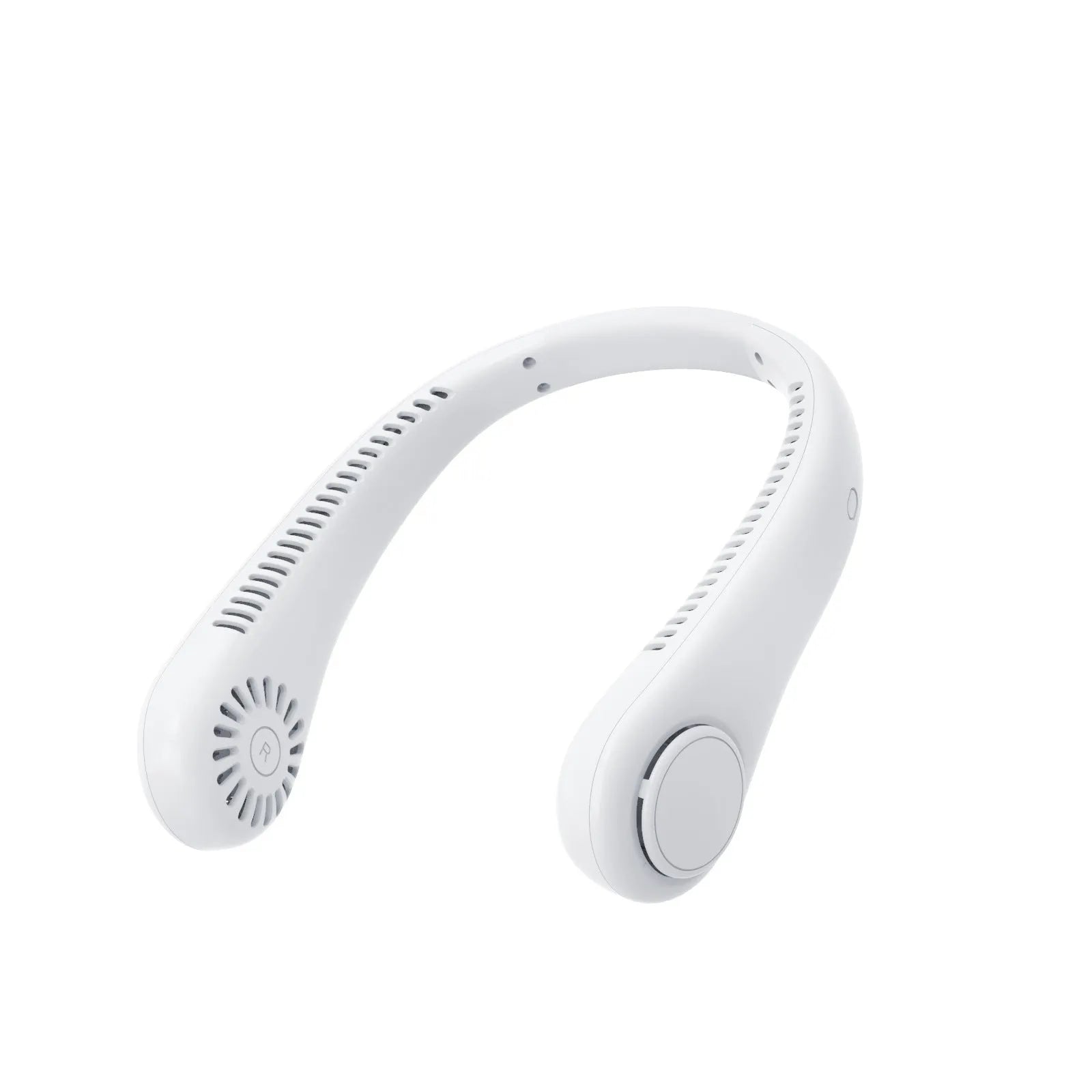 White rechargeable neck fan worn around neck with bladeless design and USB charging