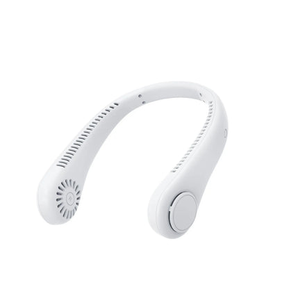 White rechargeable neck fan worn around neck with bladeless design and USB charging