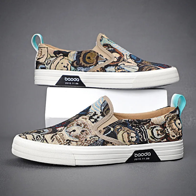 Men's low top canvas slip-on sneakers in khaki colour with vulcanised rubber sole.