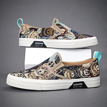 Men's low top canvas slip-on sneakers in khaki colour with vulcanised rubber sole.