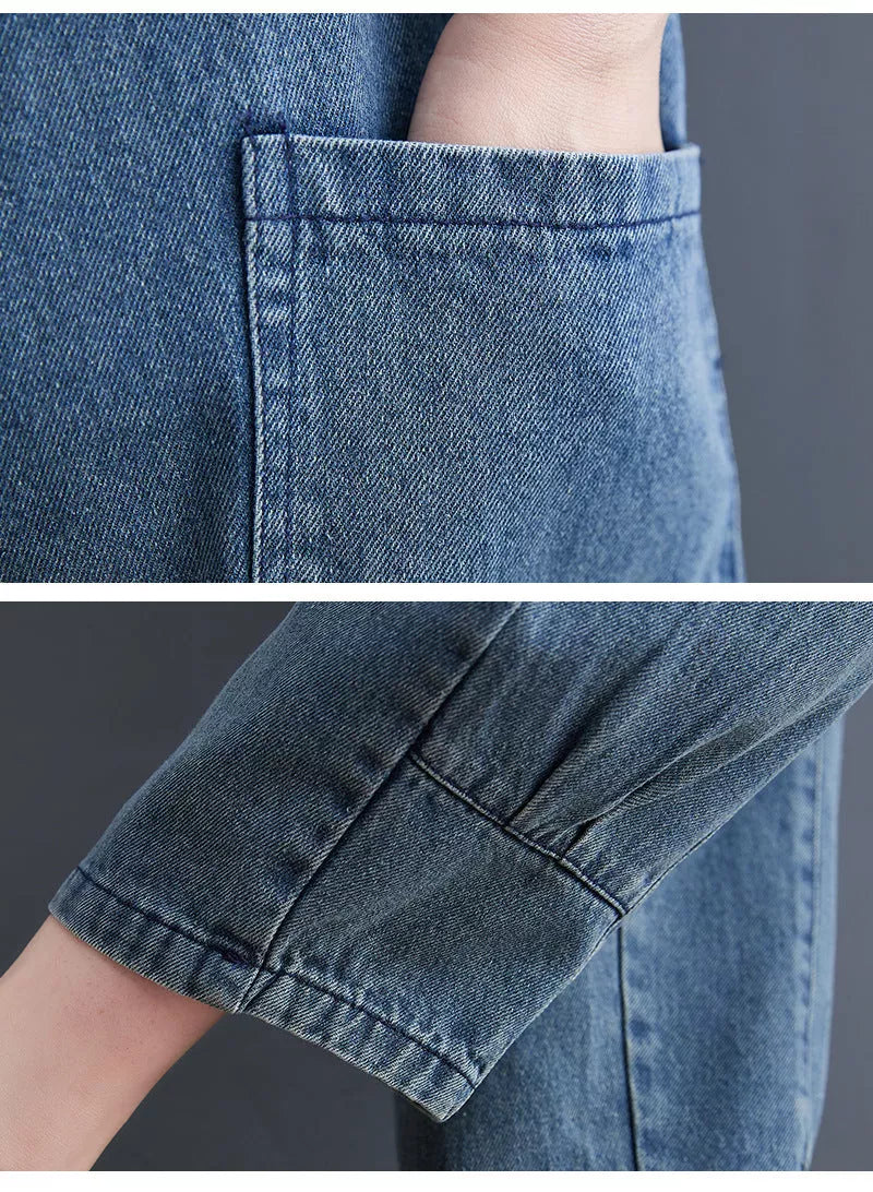 Women's Korean Spot Strap Spring Jeans in black and blue, high waist with multiple pockets