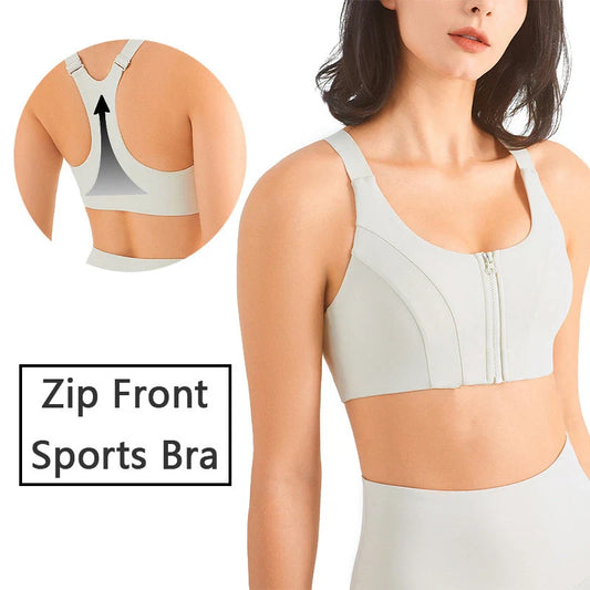 Front zip sports bra for women with mesh back and high support
