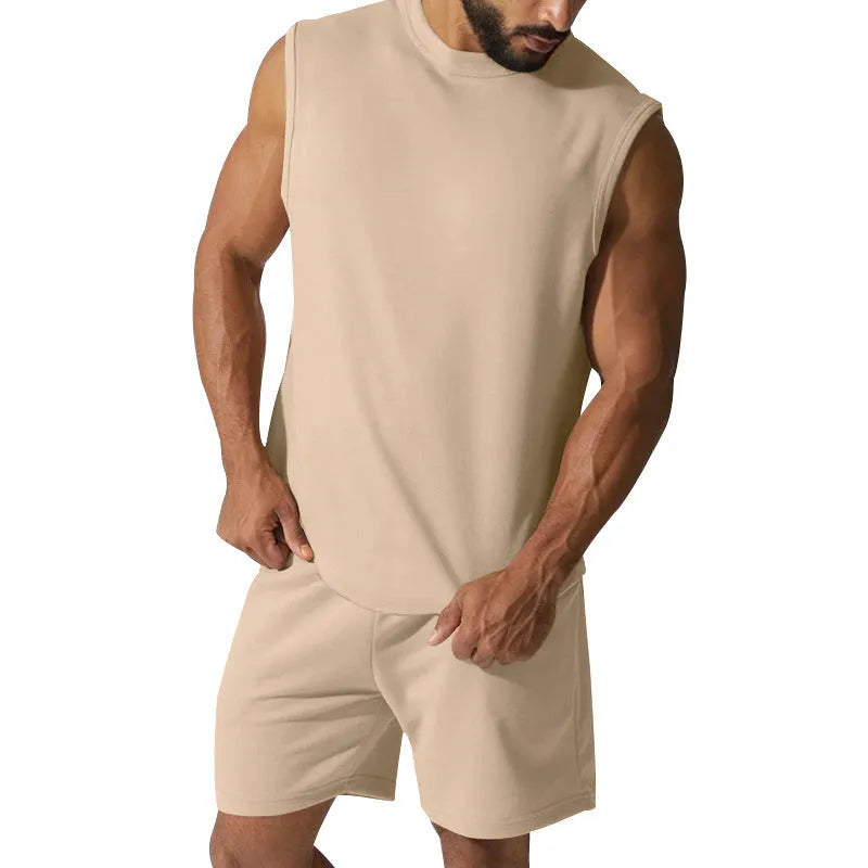 Men's sleeveless cotton blend sports suit set with shorts in multiple solid colour options