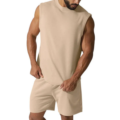 Men's sleeveless cotton blend sports suit set with shorts in multiple solid colour options