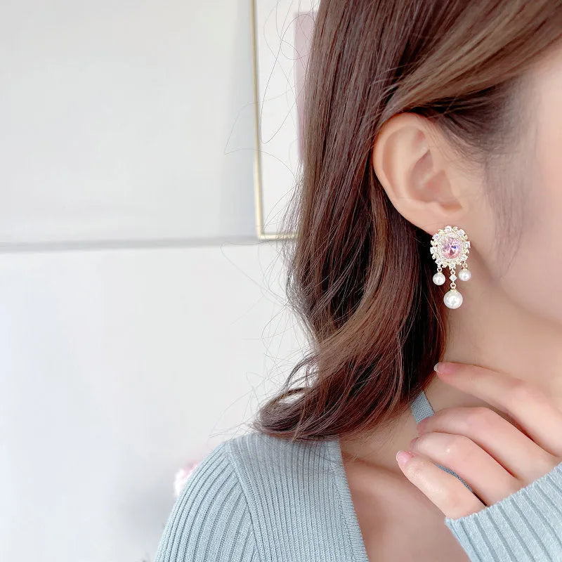 Oval geometric earrings with zircon inlay and pearl tassel in light purple colour option