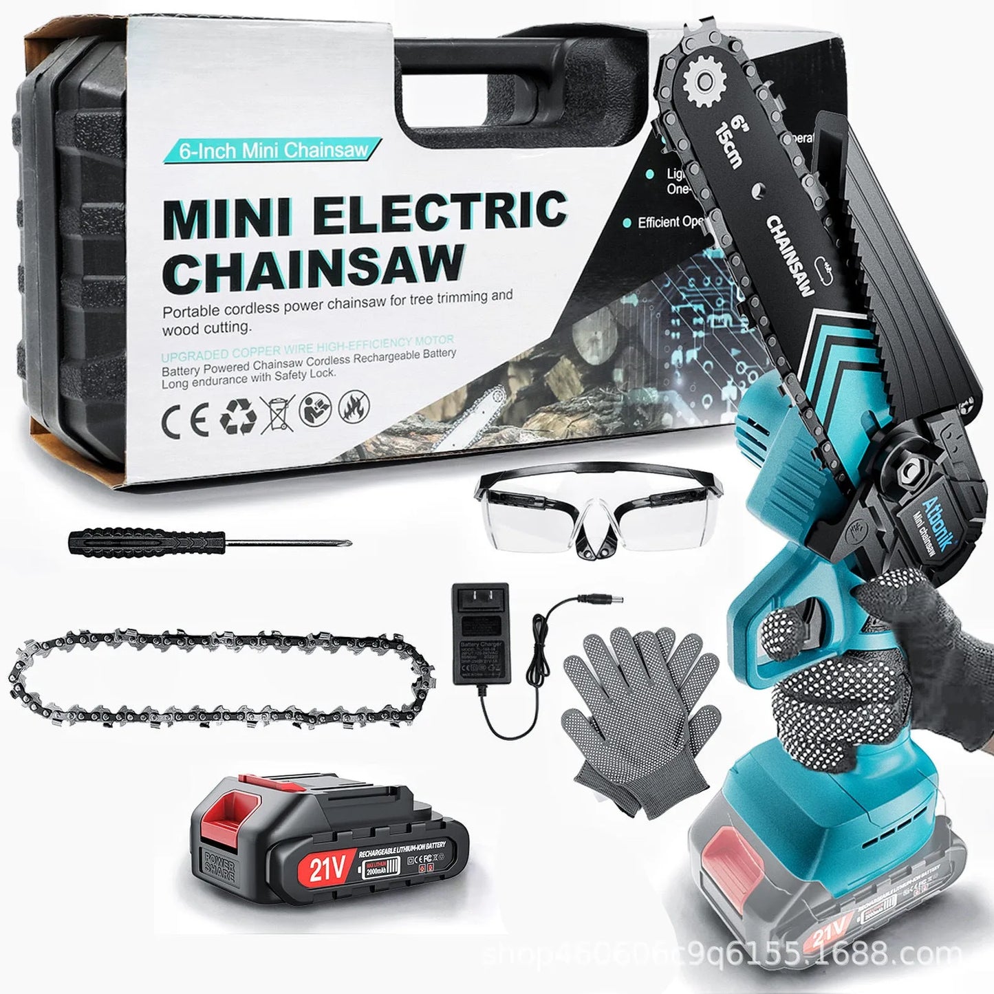 Compact cordless electric chainsaw with 6-inch chain, two batteries, safety goggles, gloves, and accessories in storage box