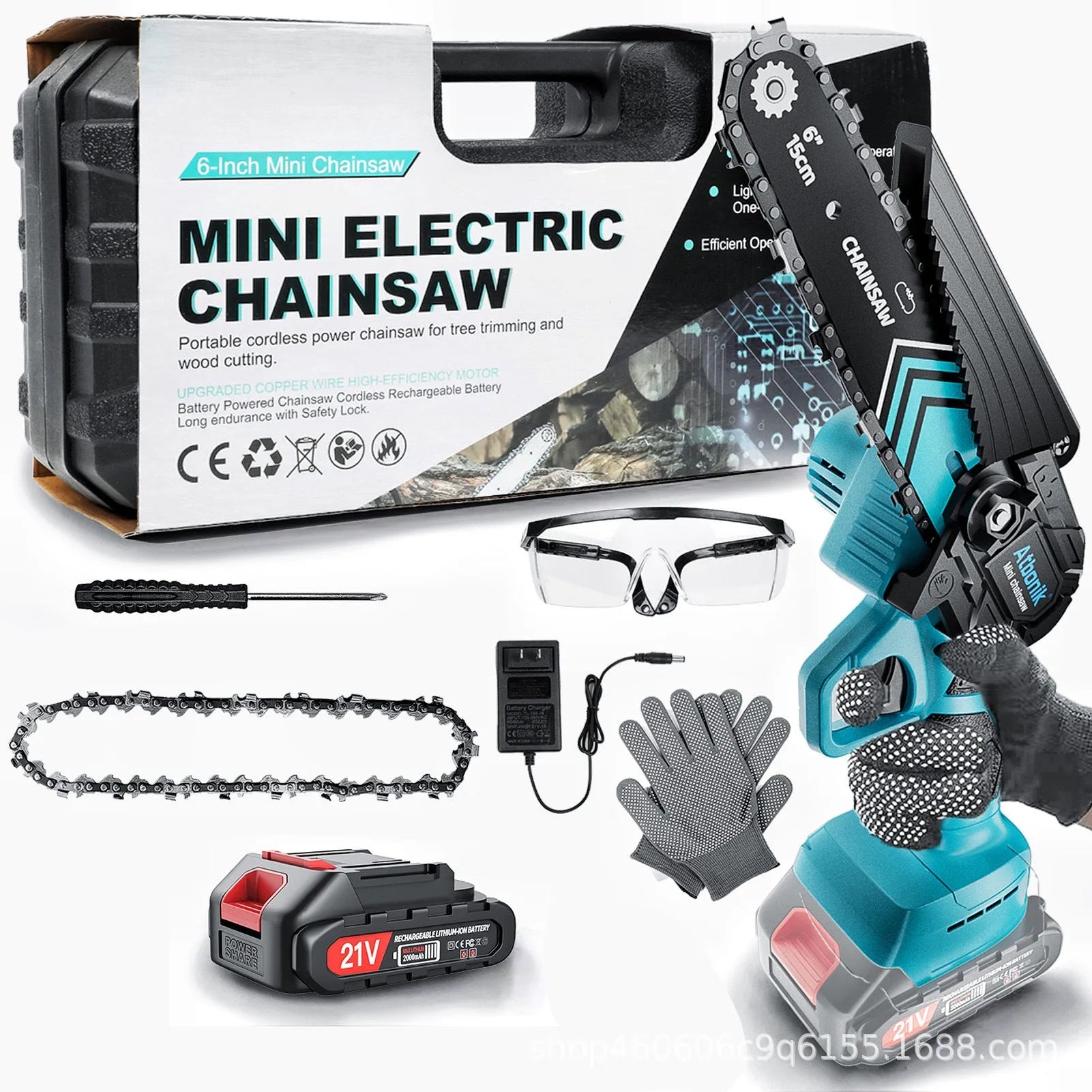 Compact cordless electric chainsaw with 6-inch chain, two batteries, safety goggles, gloves, and accessories in storage box