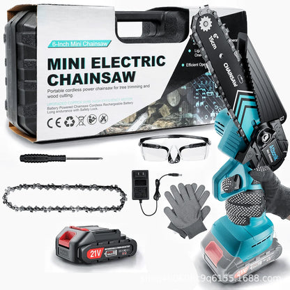 Compact cordless electric chainsaw with 6-inch chain, two batteries, safety goggles, gloves, and accessories in storage box
