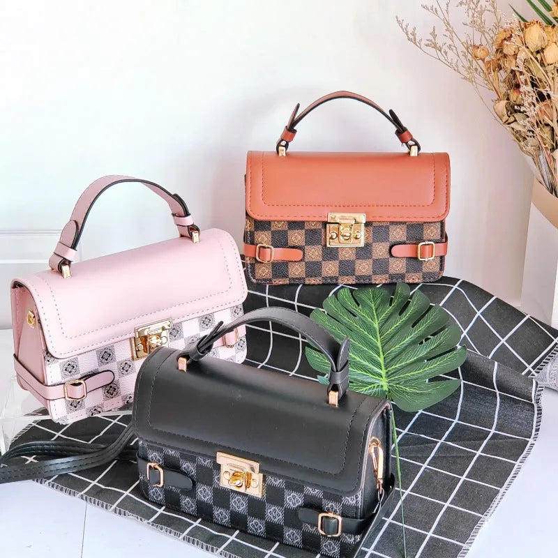 Retro square pattern crossbody bag in apricot colour showing 19.5x7.5x12cm dimensions and adjustable shoulder strap