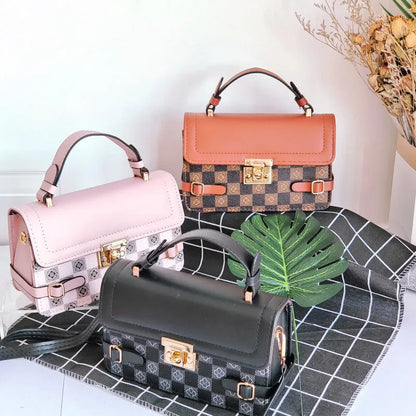 Retro square pattern crossbody bag in apricot colour showing 19.5x7.5x12cm dimensions and adjustable shoulder strap