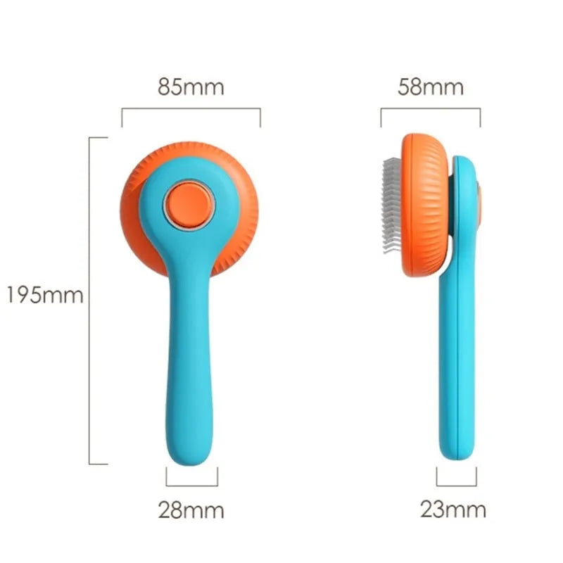 Blue and white self-cleaning pet grooming brush with massage function for cats and dogs.