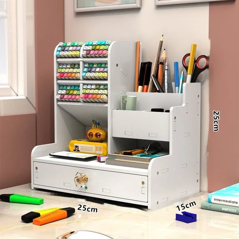 Square plastic pen holder storage box with multiple grid compartments for stationery organisation.