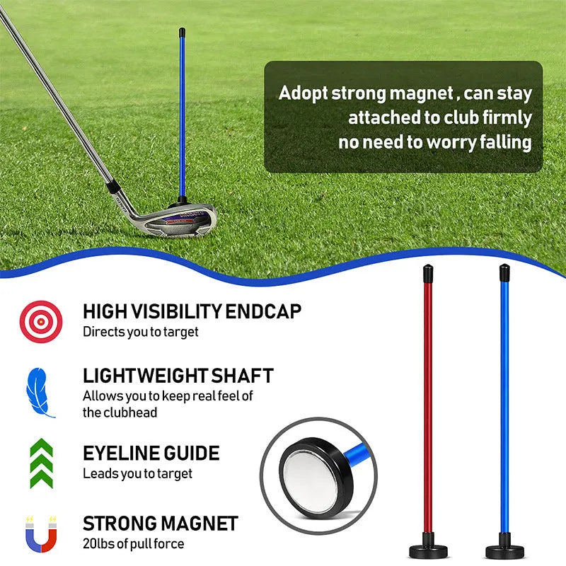 Red anodised aluminium golf swing trainer with magnetic indicator clipped onto a club shaft