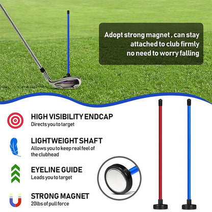 Red anodised aluminium golf swing trainer with magnetic indicator clipped onto a club shaft
