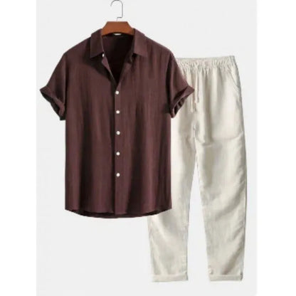 Men's loose fit short sleeve shirt and trousers casual suit set in various colours
