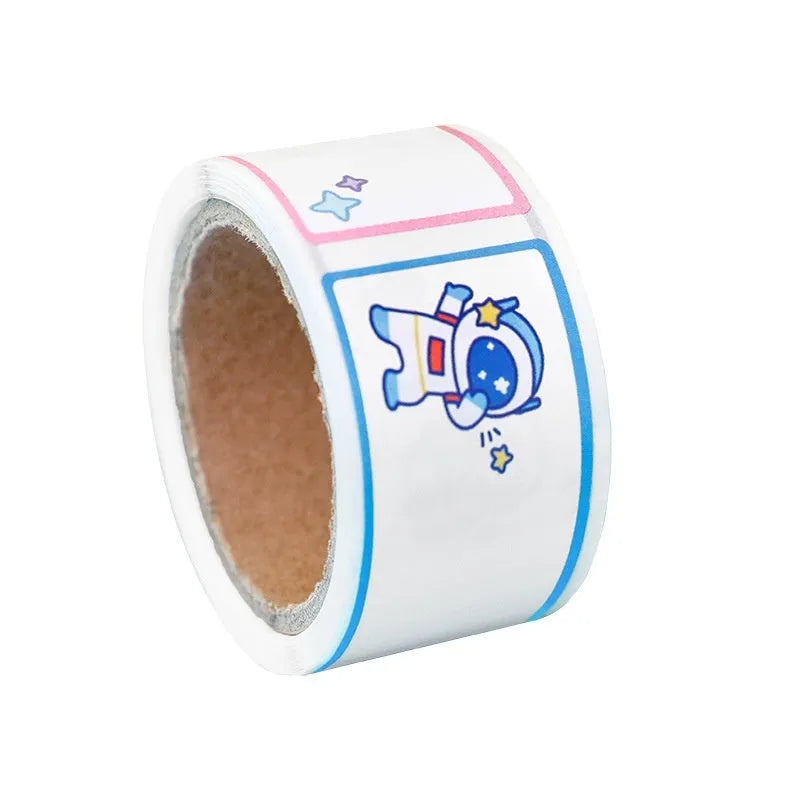 Roll of student name tape stickers with cartoon dinosaur, astronaut, rabbit, and girl designs for labelling