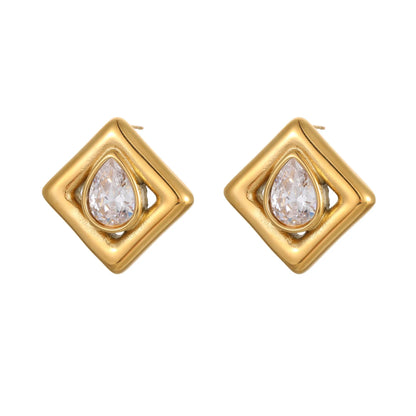 Gold geometric stud earrings for women with inlaid water drop zircon stones on a white background.
