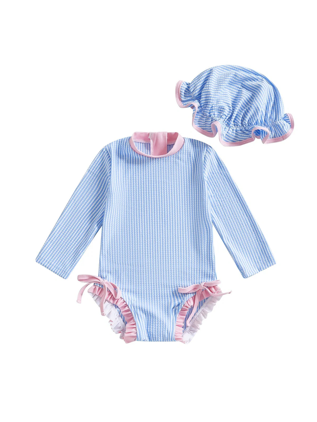 Girls' striped jumpsuit with matching hat in pink, violet, or sapphire blue for swimming