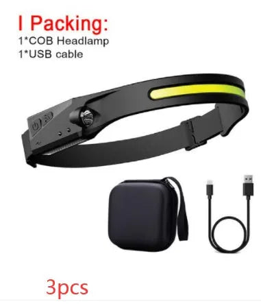 Black silicone USB rechargeable headlamp with a wide COB LED lens and a side wave sensor.