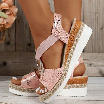 Women's Peep Toe Serpentine Wedges Sandals with unique circle design in various colors