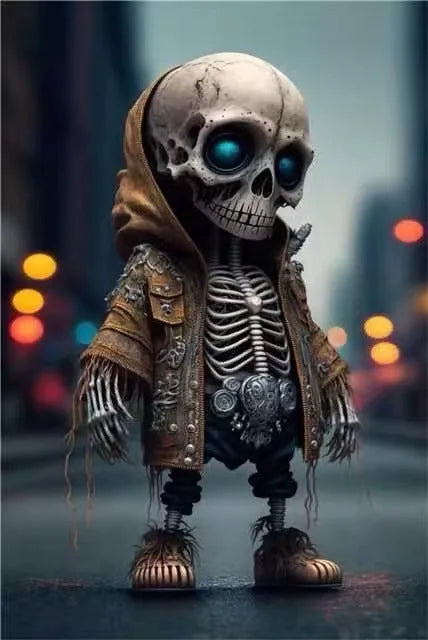 A 15cm tall resin skeleton figurine ornament on a desk.