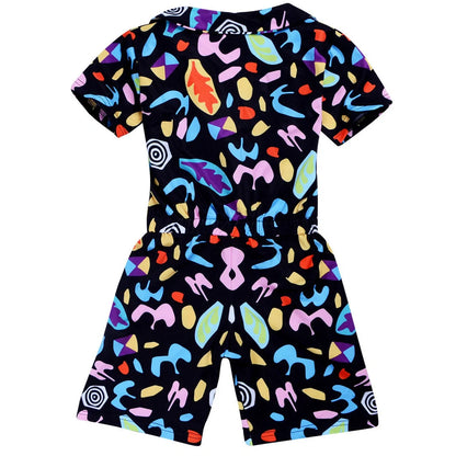 Girls' black cotton jumpsuit with cartoon pattern and short sleeves, shown on hanger