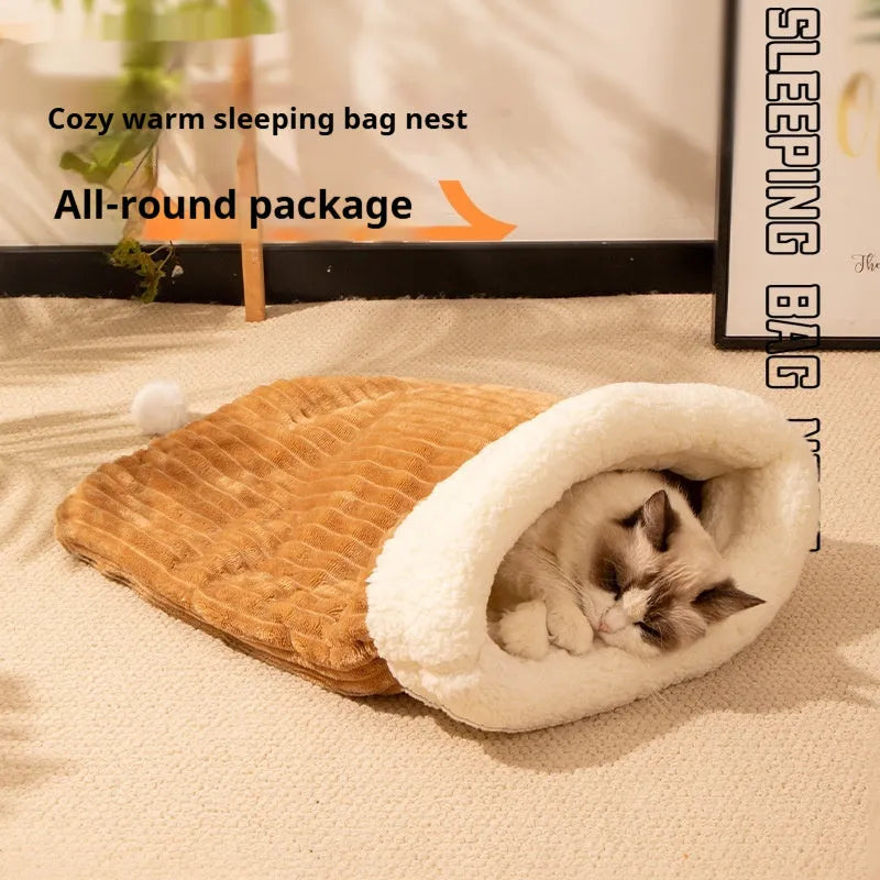 Pink flannel cat sleeping bag nest bed measuring 50 by 40 centimetres.