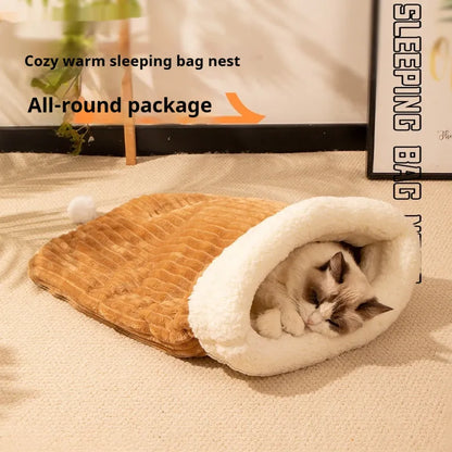 Pink flannel cat sleeping bag nest bed measuring 50 by 40 centimetres.