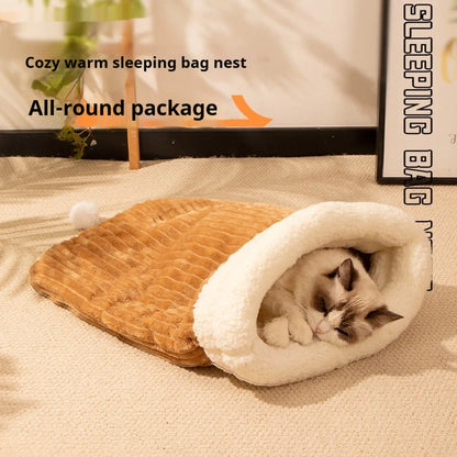 Blue rabbit pattern cat sleeping bag nest measuring 50cm by 40cm with enclosed design