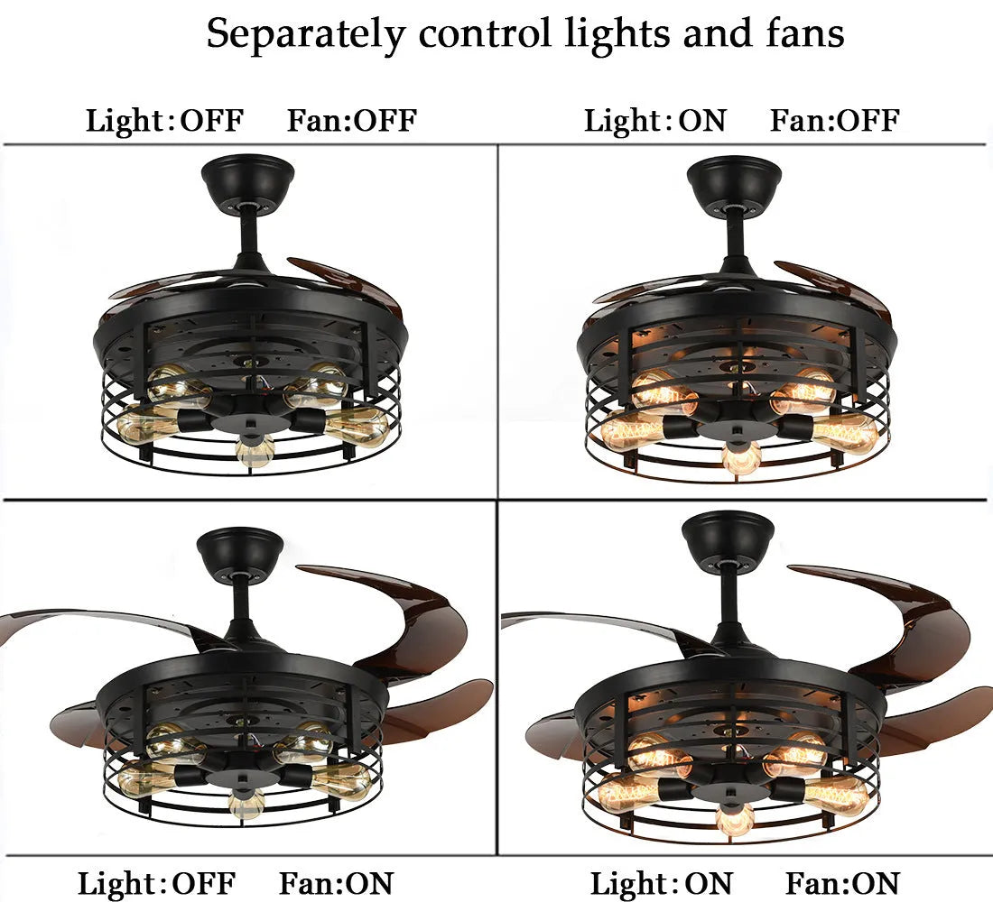 Industrial American retro ceiling fan lamp with 42-inch acrylic blades and remote control on wooden table