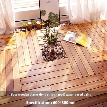 Camphor pine flooring tiles with brush wax oil finish, 30cm by 30cm dimensions, for indoor and outdoor use