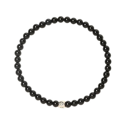 Geometric unisex bracelet with small Obsidian, blue San, and textured black agate beads.