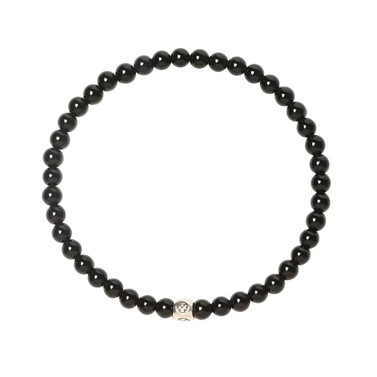 Geometric unisex bracelet with small Obsidian, blue San, and textured black agate beads.