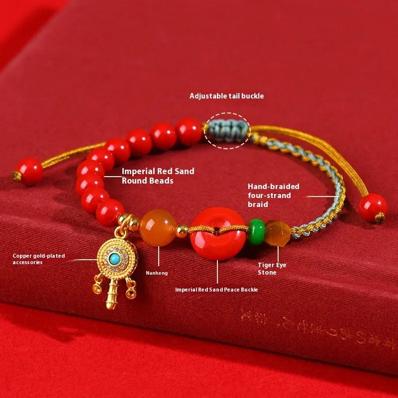 Hand-woven cinnabar peace blessing bracelet in emperor red sand with national style geometry design