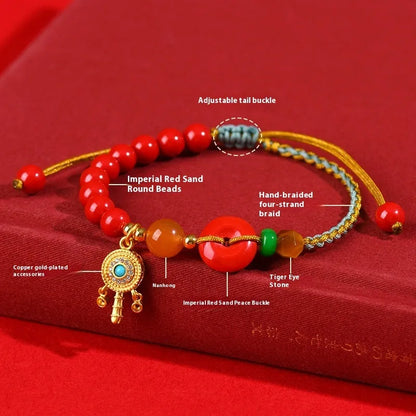 Hand-woven cinnabar peace blessing bracelet in emperor red sand with national style geometry design