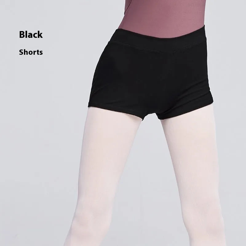 Black cotton ballet practice shorts for women in solid colour, suitable for dance and fitness exercise