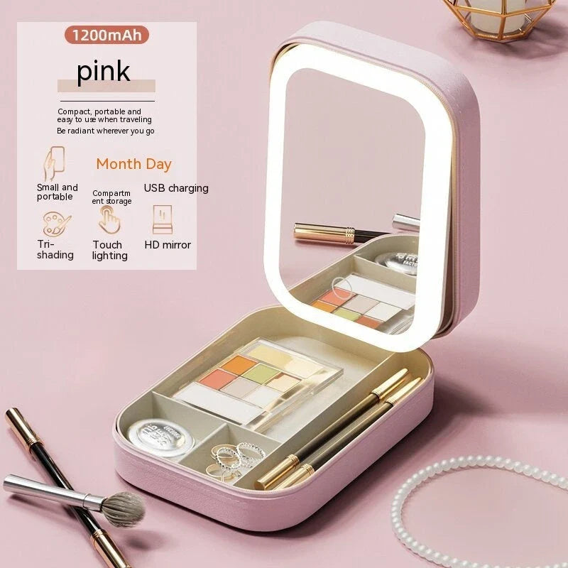 Lighted makeup mirror with adjustable LED lights, touch-controlled brightness, and integrated storage compartment