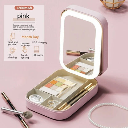 Lighted makeup mirror with adjustable LED lights, touch-controlled brightness, and integrated storage compartment