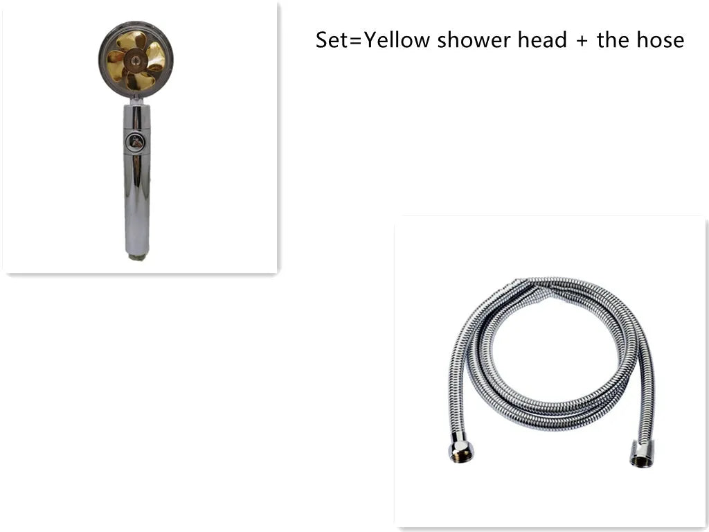 Chrome-finished ABS plastic water-saving shower head with a round, rotating spray head.