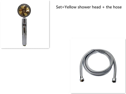 Chrome-finished ABS plastic water-saving shower head with a round, rotating spray head.