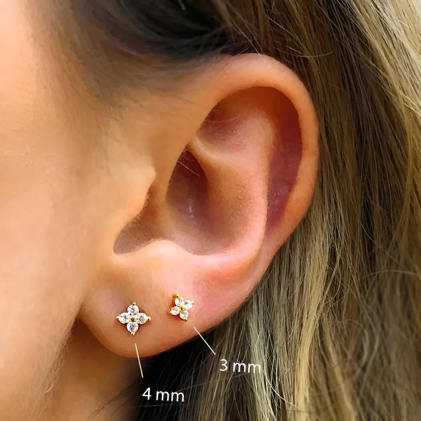 S925 sterling silver stud earrings with geometric crystal petal flowers in gold finish