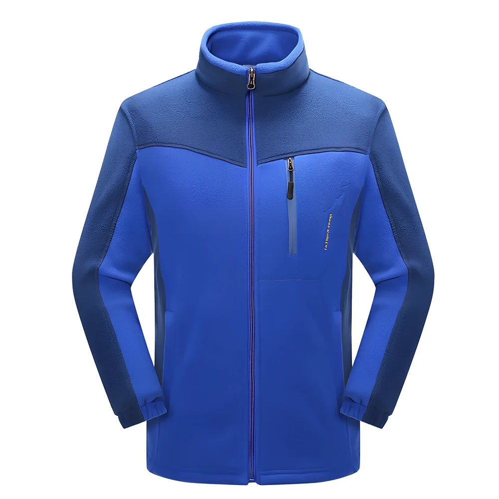 Contrasting polar fleece couple cardigan in deep blue male with colour blocks, size XL, 100% fleece for winter warmth