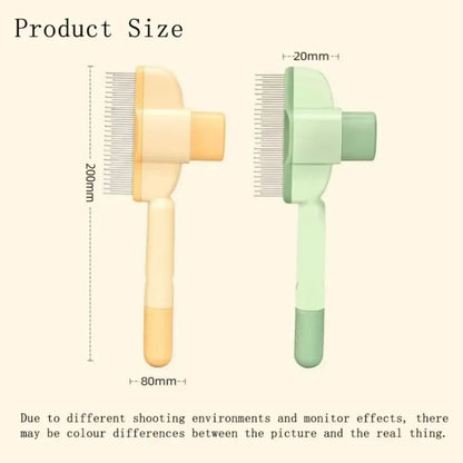 Green pet grooming brush with detachable hair collection tray and soft silicone handle